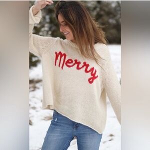 Wooden Ships Merry Crew Sweater Mohair Wool Christmas Holiday Beige Red Sz M/L